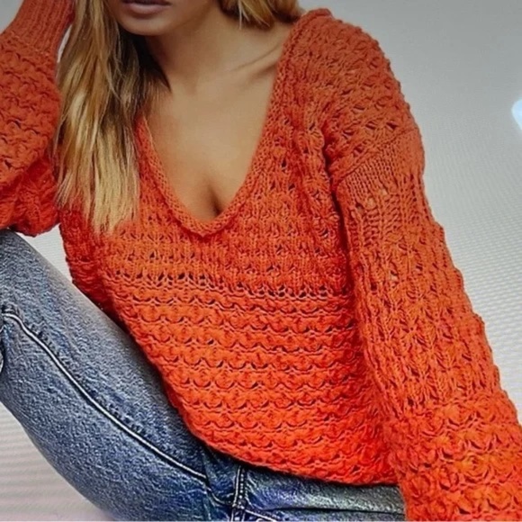 Free People Crashing Waves Chunky Wool Blend Orange Open Knit Sweater Size M - Picture 1 of 6